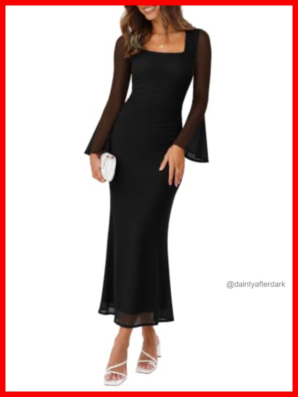 Sipaya Bodycon Maxi Dress Long Sleeve Sheer Mesh Square Neck Formal